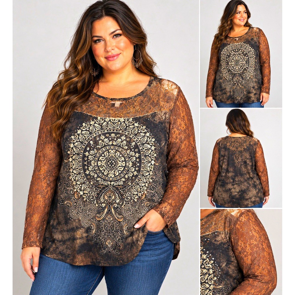 Y2K Dressbarn 2XL Whimsigoth Boho Top Lace Sleeve, Rhinestone, Studded Paisley